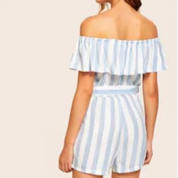 Striped ruffle trim belted off the shoulder romper - Picture 2 of 5
